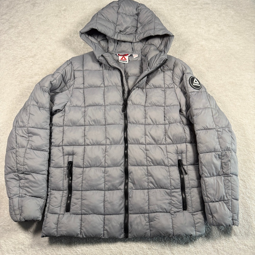 Reebok Puffer Jacket Mens Medium Gray Hooded Full Zip Quilted Insulated RN127805